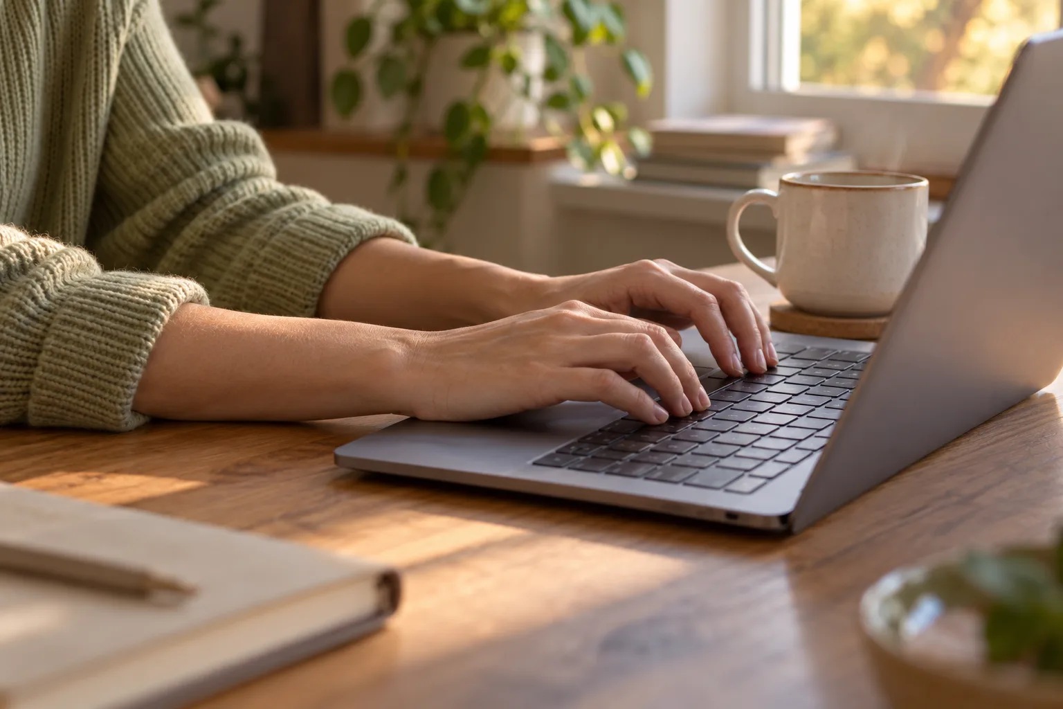 Hands typing on a laptop at a wooden desk beside a mug of tea and a notebook