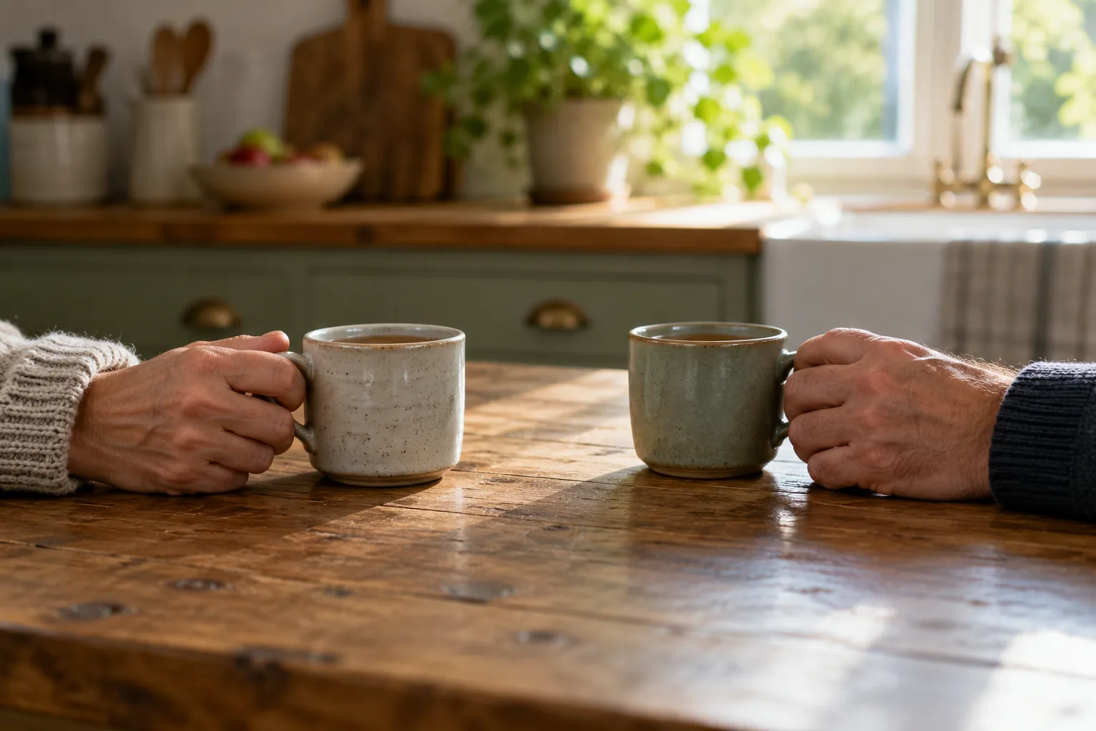 Two hands holding ceramic mugs of tea on either side of a wooden kitchen table