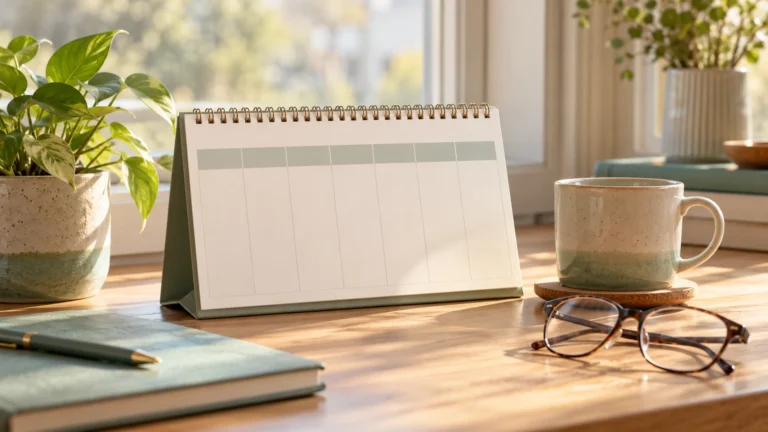 Blank desk calendar with plants, a ceramic mug and reading glasses in morning light