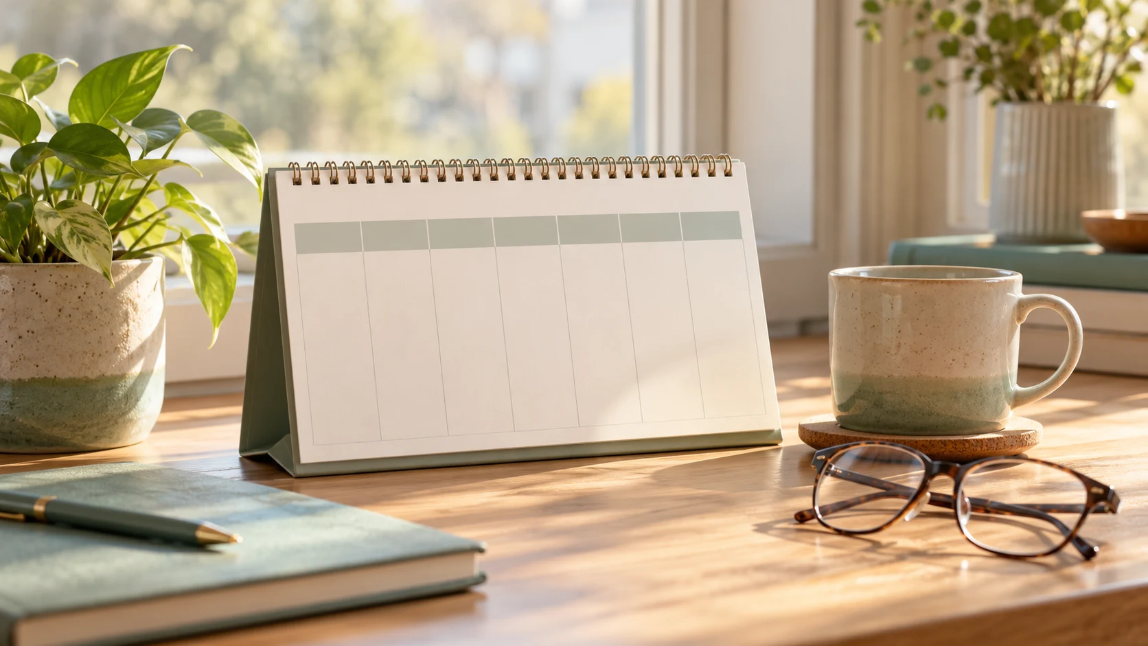 Blank desk calendar with plants, a ceramic mug and reading glasses in morning light
