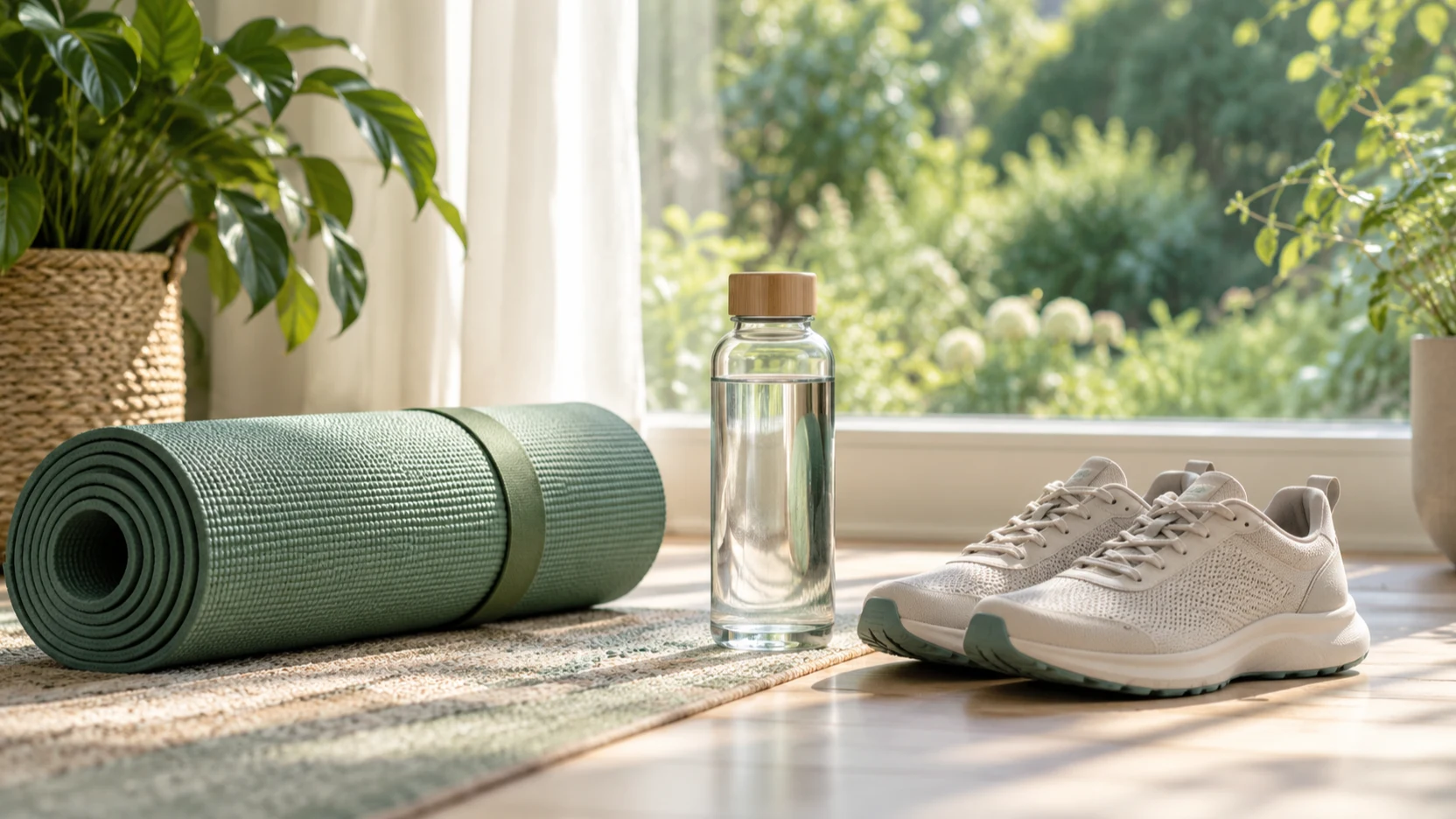 Rolled green yoga mat, glass water bottle and sneakers by a sunny window with plants