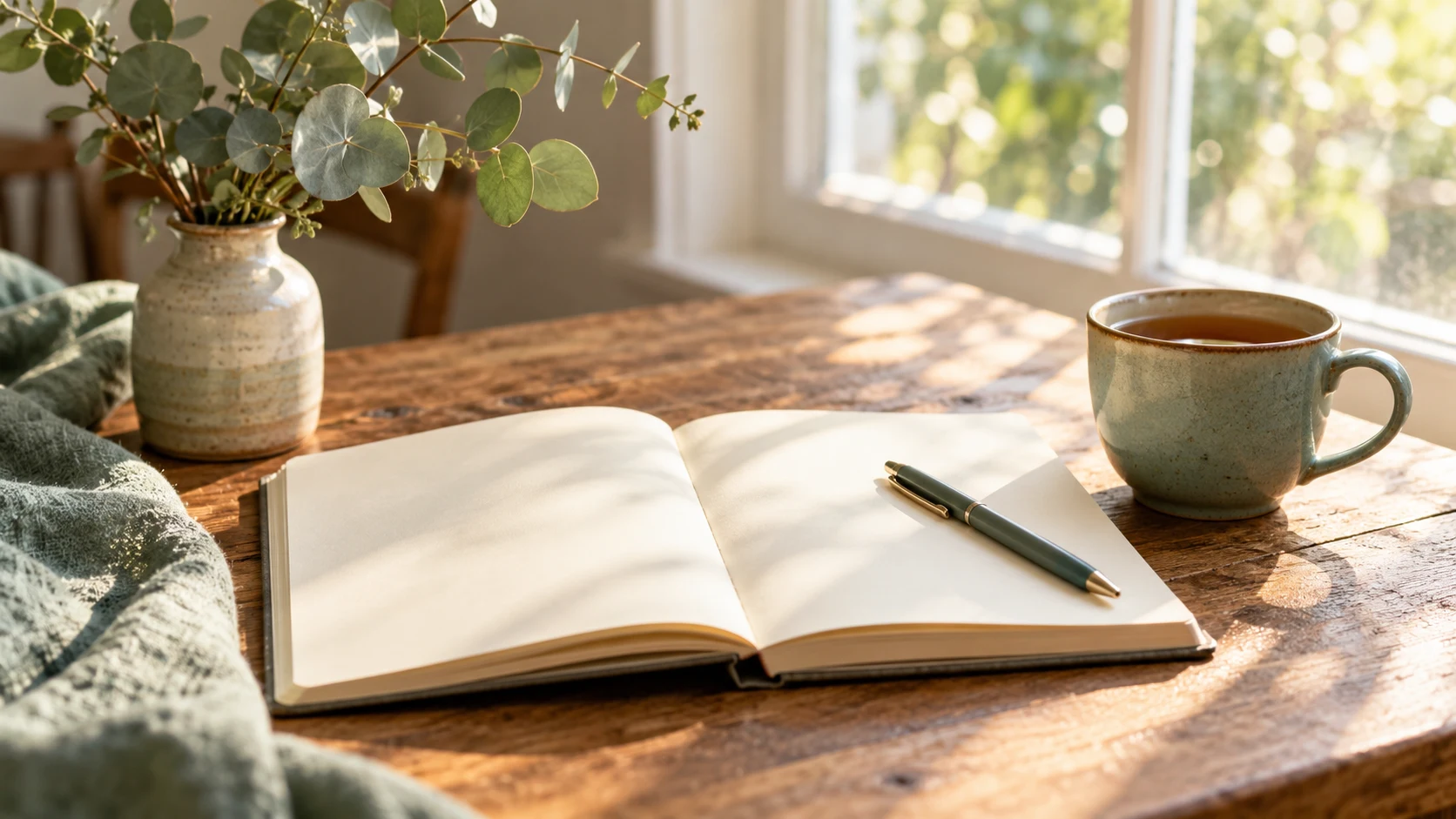 Open notebook, pen and tea on a wooden table by a sunny window