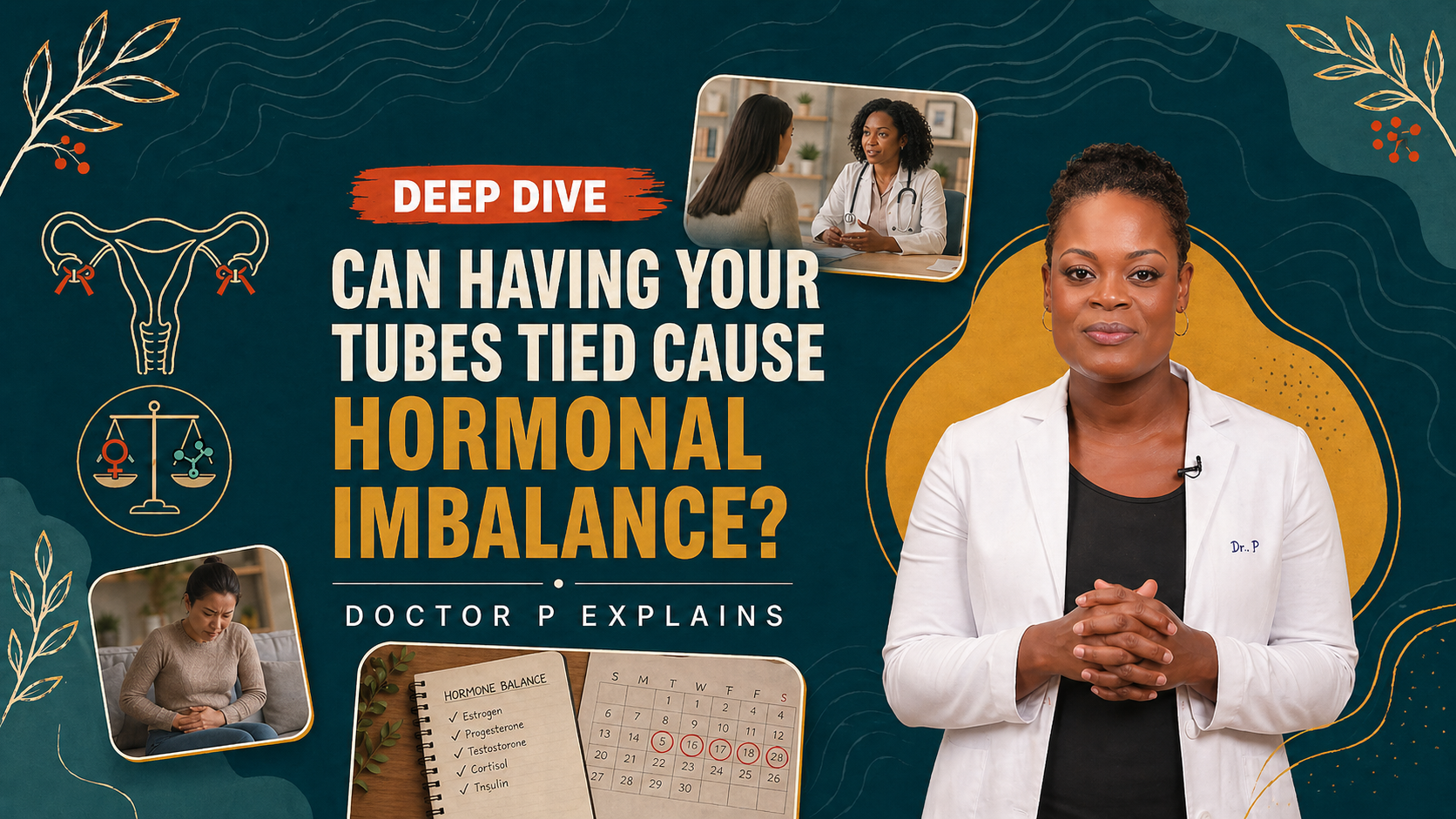 Doctor P standing in a white coat explaining whether tubal ligation can affect hormone balance, with uterus icon and hormone checklist visuals