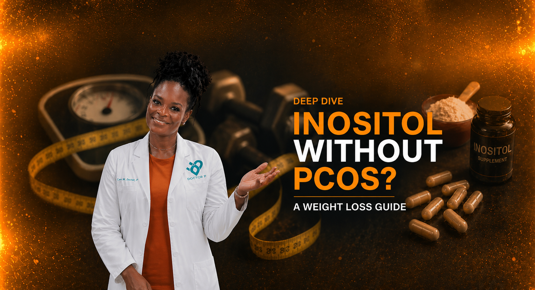 Doctor P smiling in a white coat beside text asking whether inositol helps with weight loss and PCOS, with supplements and measuring tape visible