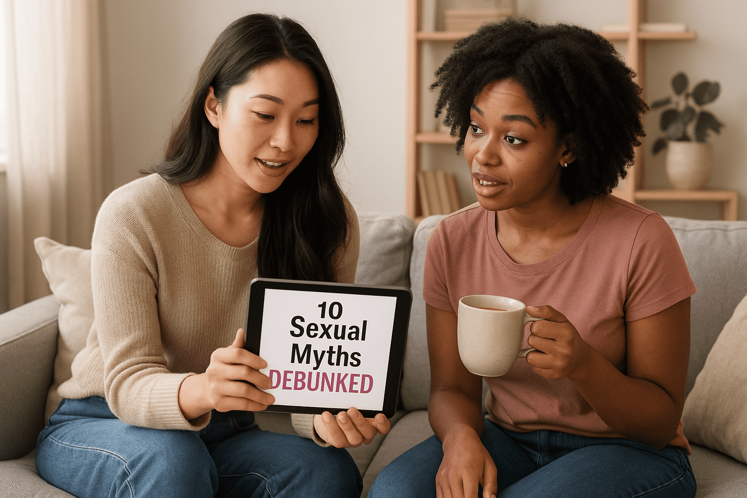Two young women sitting on a couch in a cozy living room, smiling and discussing while looking at a tablet that shows an article titled “10 Sexual Myths Debunked.”