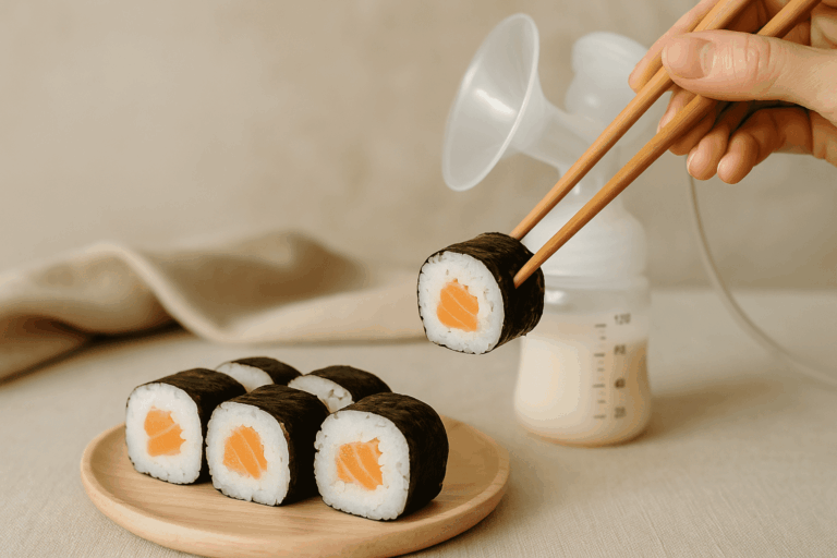 Close-up of sushi rolls on a wooden plate with chopsticks holding one piece, next to a breast pump on a beige table.