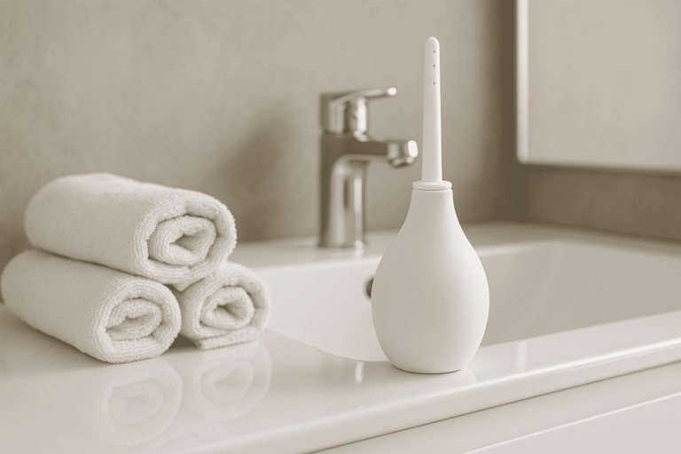Minimalist bathroom countertop with a white douche bottle and neatly rolled towels beside a modern sink.