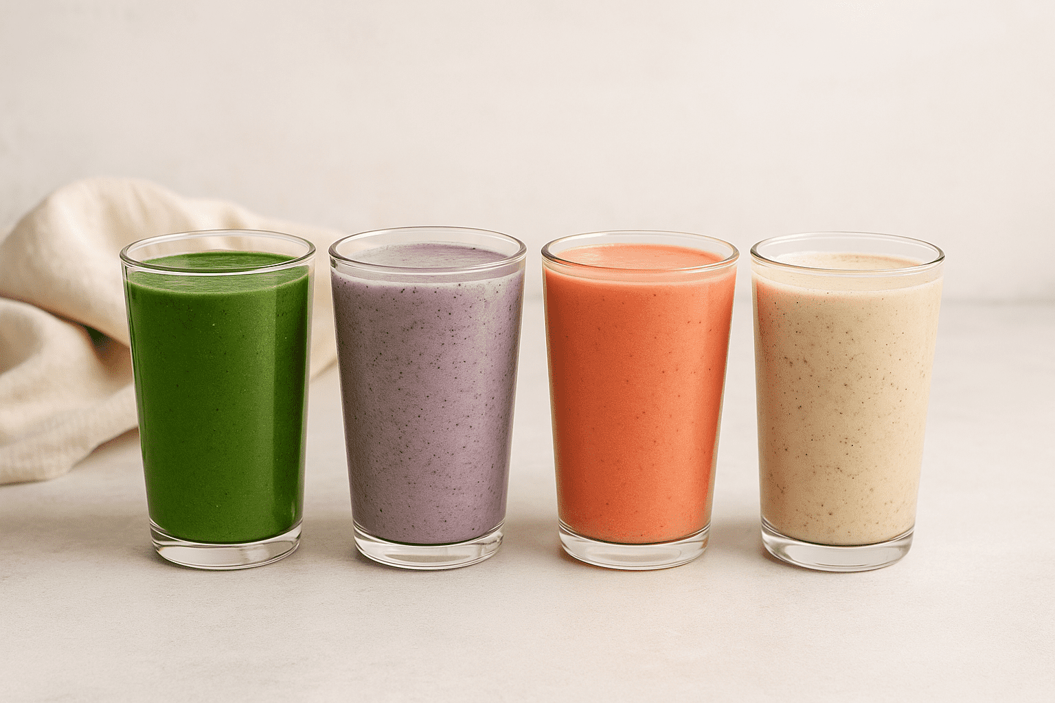 Four colorful hormone-supporting smoothies in clear glasses on a minimal light countertop.