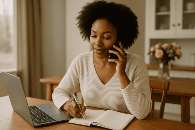 Young woman calling to schedule her annual health appointments while writing notes at a dining table with a laptop.