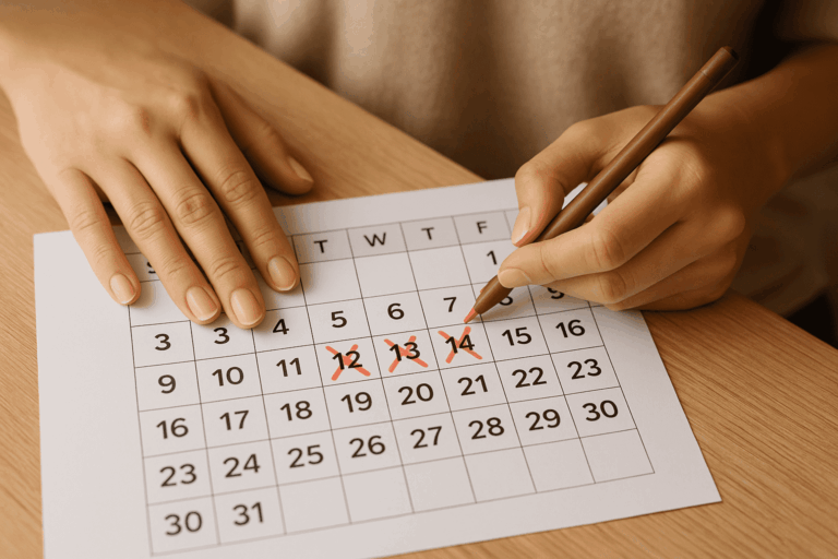 Close-up of a woman’s hands marking ovulation dates on a printed menstrual calendar at a wooden table.