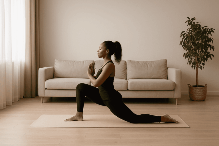 Black woman in a ponytail holding Low Lunge (Anjaneyasana) on a yoga mat in a sunlit living room.