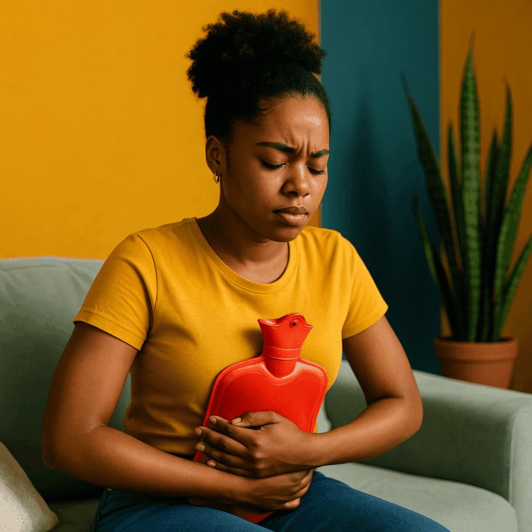 Young Black woman holding a red hot water bottle to her abdomen while sitting on a couch, appearing to experience menstrual discomfort.