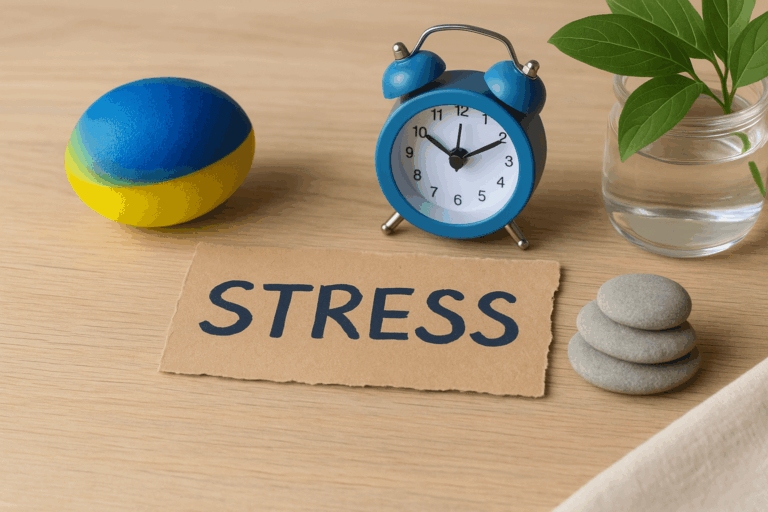 Minimal flatlay of stress relief items including a stress ball, small alarm clock, stacked stones, and a note labeled “STRESS” on a wooden surface.