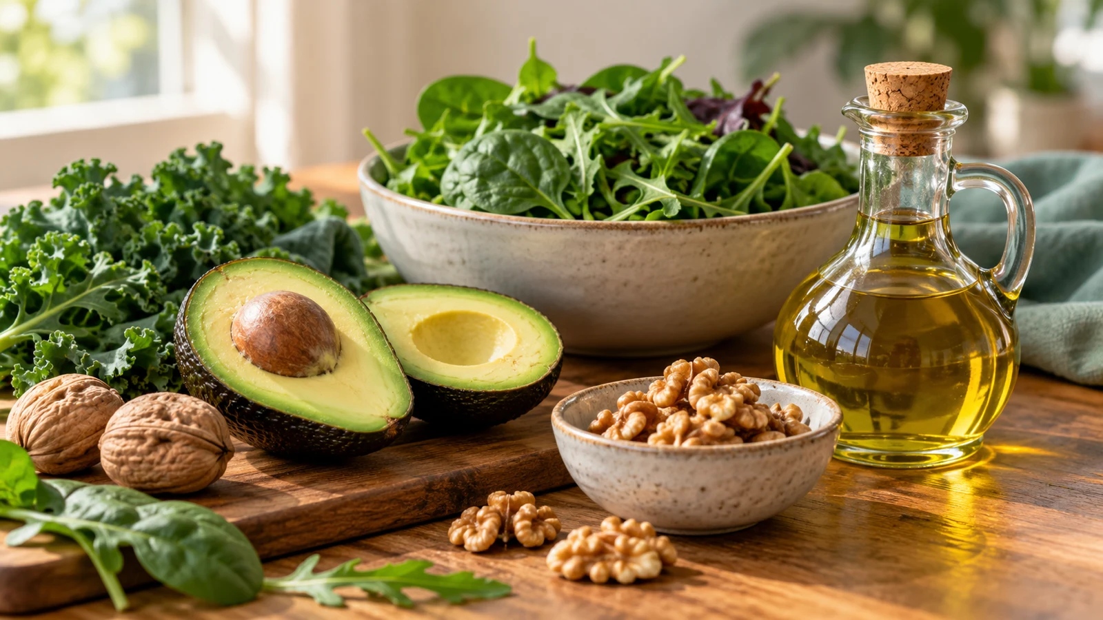 Avocado, walnuts, leafy greens and olive oil on a wooden table