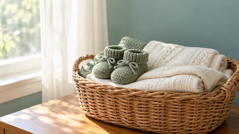 Knitted baby booties and soft blankets in a wicker basket by a nursery window