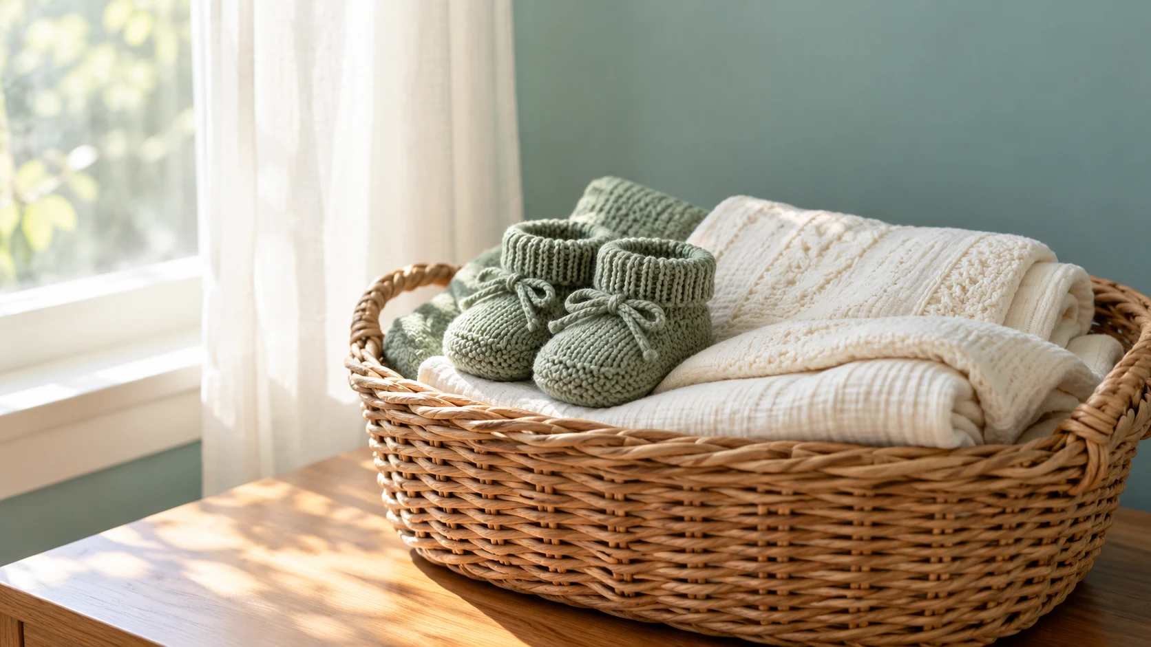 Knitted baby booties and soft blankets in a wicker basket by a nursery window