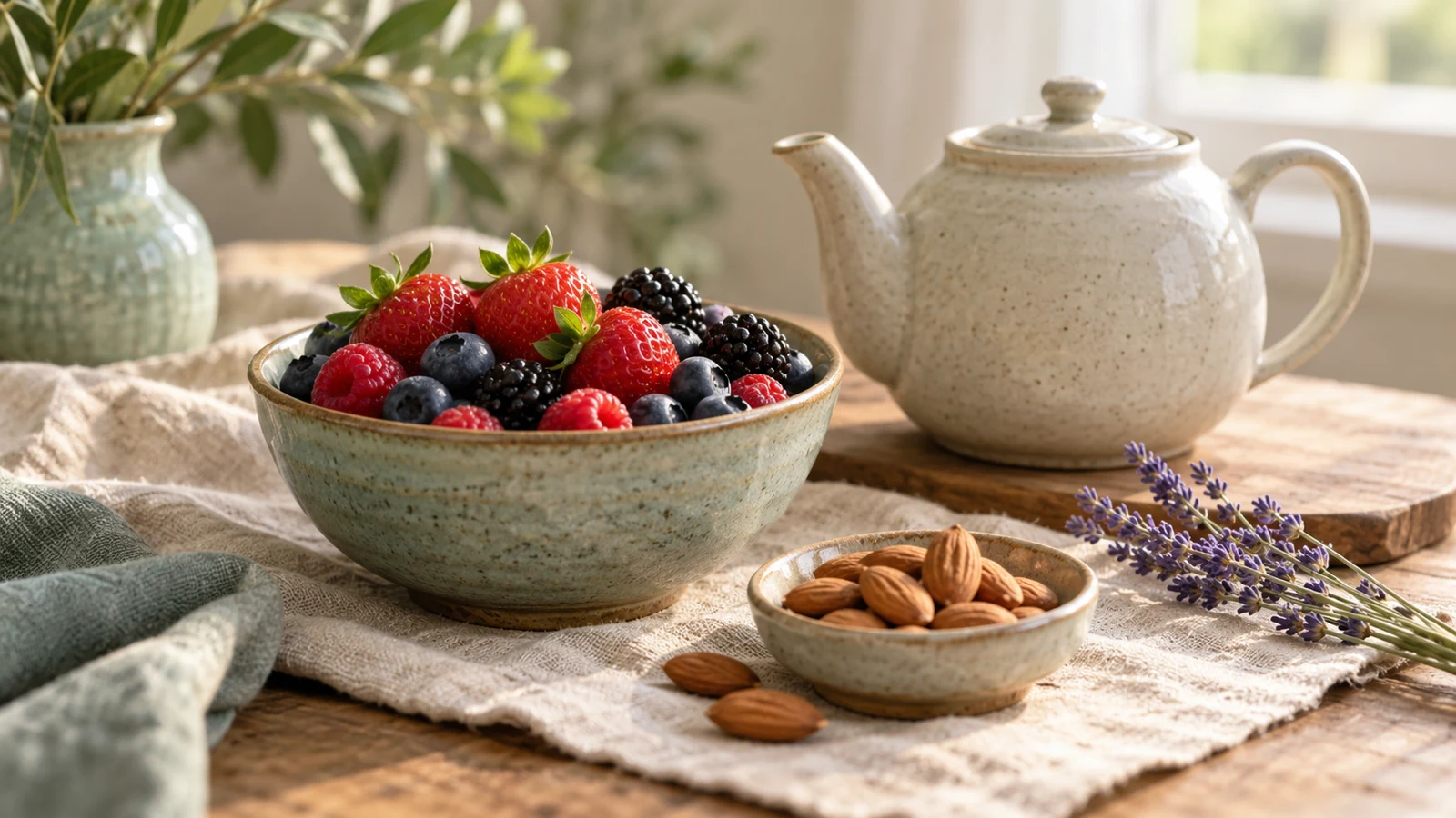 Bowl of berries, almonds and lavender with a ceramic teapot