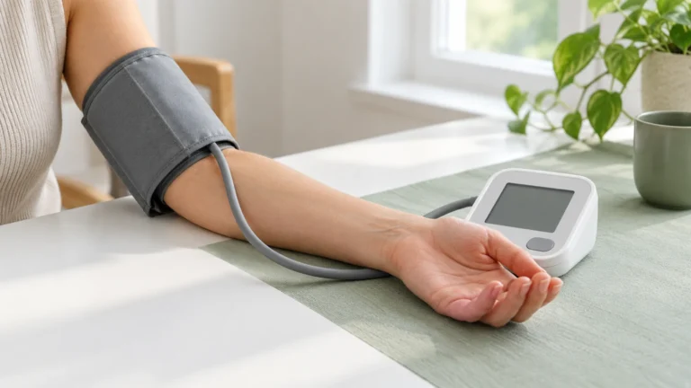 Blood pressure cuff and home monitor on a table