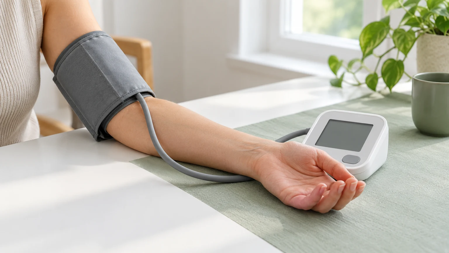 Blood pressure cuff and home monitor on a table