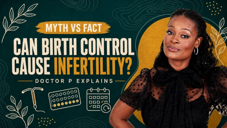 Doctor P standing beside illustrations of an IUD, birth control pills, and a calendar, cover image for the deep dive on whether birth control causes infertility.