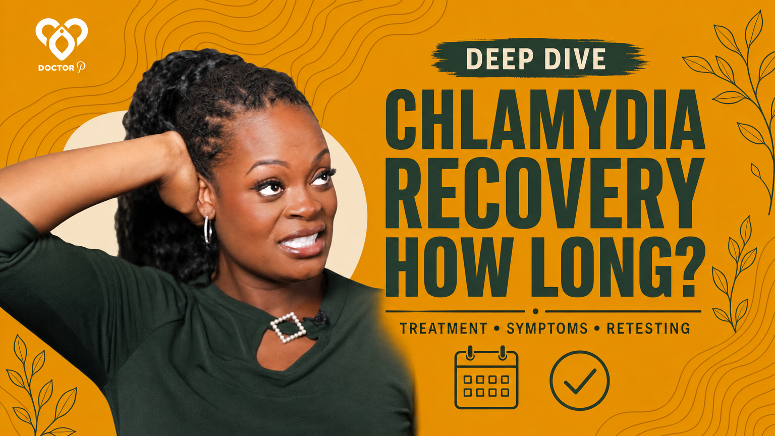 Doctor P beside a calendar and checkmark on a branded cover about chlamydia treatment, symptoms and retesting.