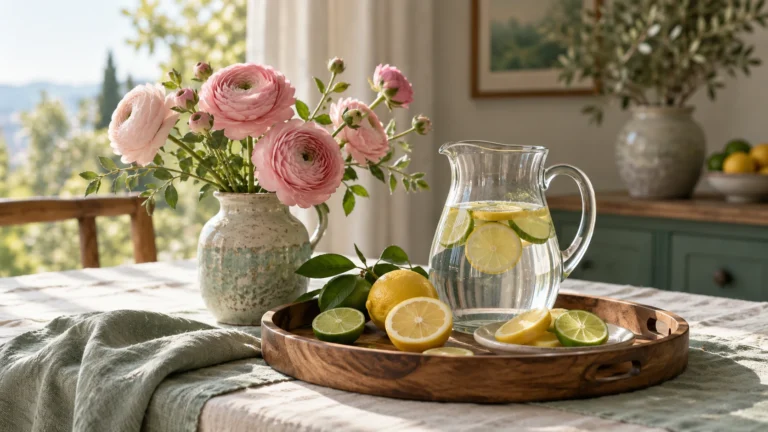 Tray with citrus slices, water pitcher and pink ranunculus flowers