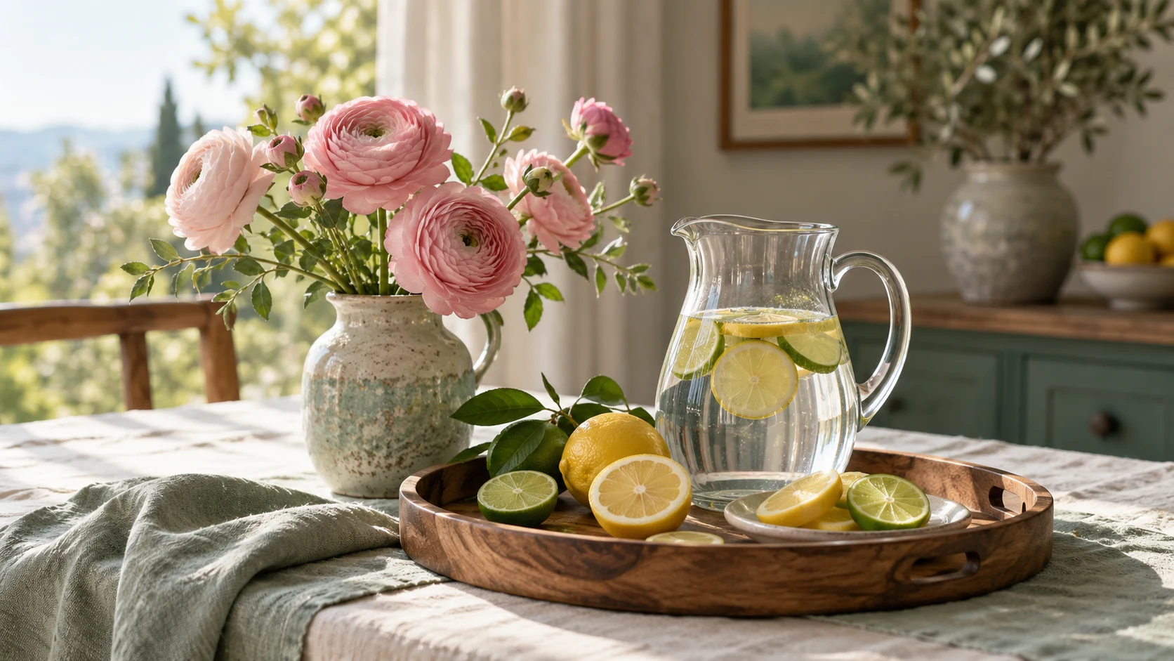 Tray with citrus slices, water pitcher and pink ranunculus flowers