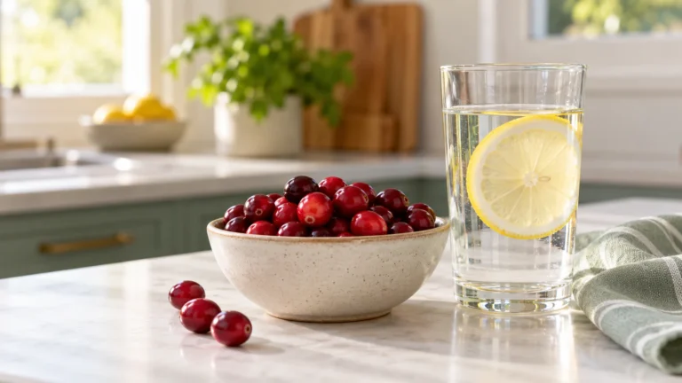 Bowl of cranberries beside a glass of lemon water on a kitchen counter