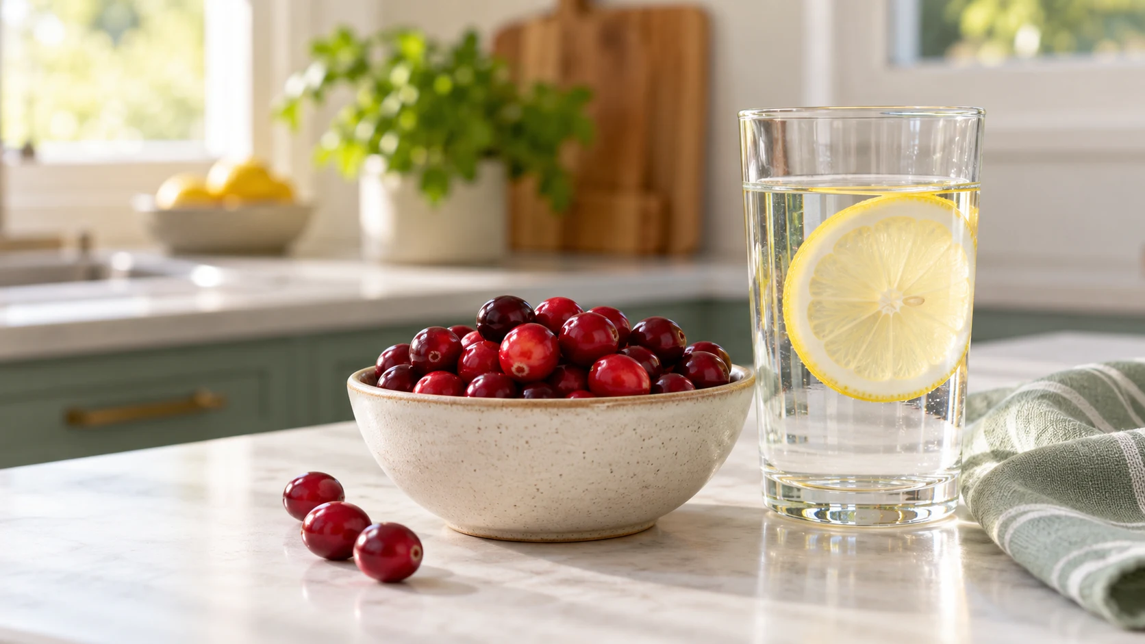 Bowl of cranberries beside a glass of lemon water on a kitchen counter