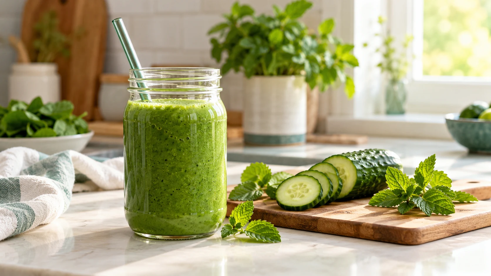 Green smoothie in a jar with cucumber and mint on a kitchen counter