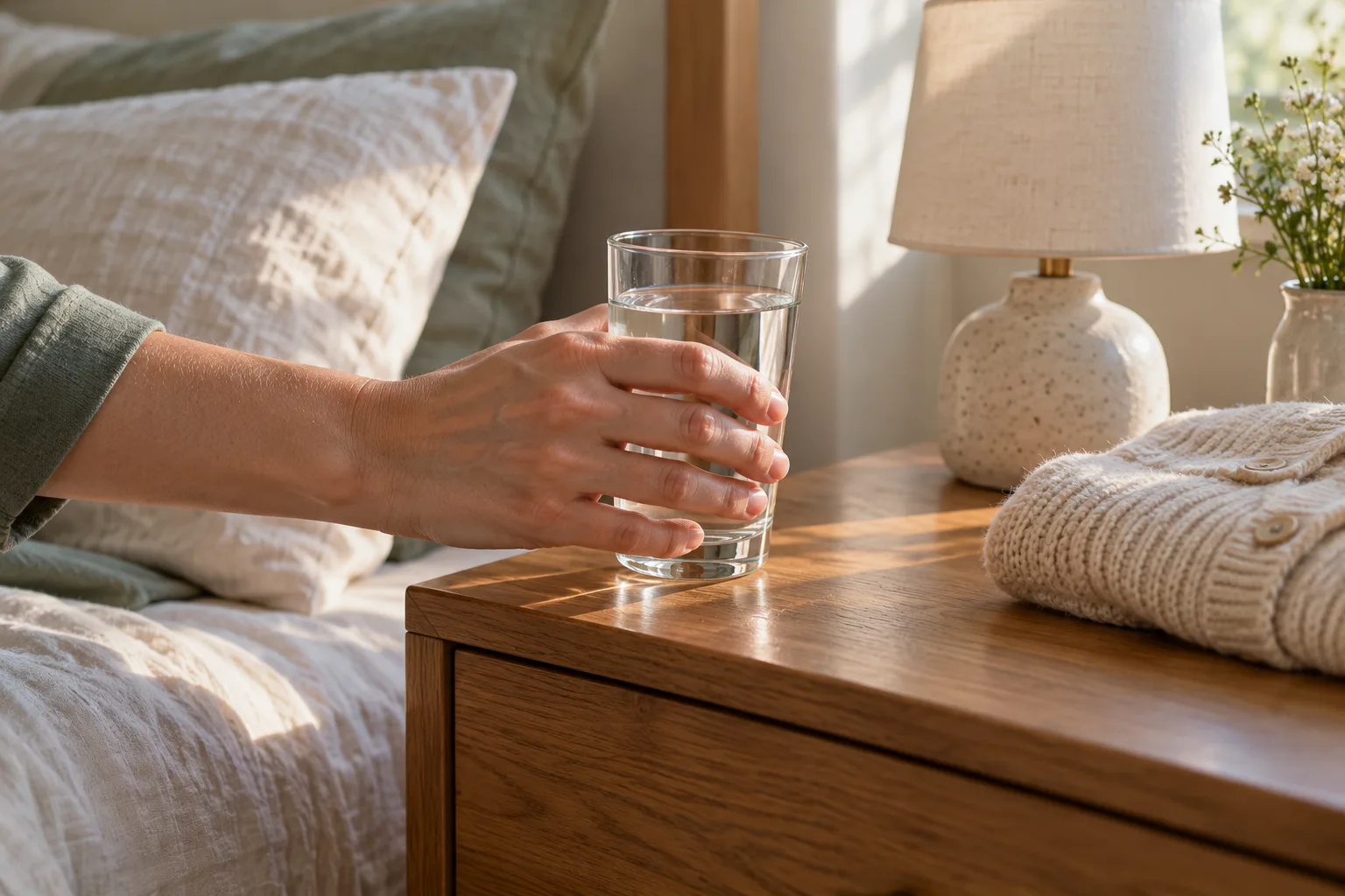 A hand reaching for a glass of water on a wooden bedside table