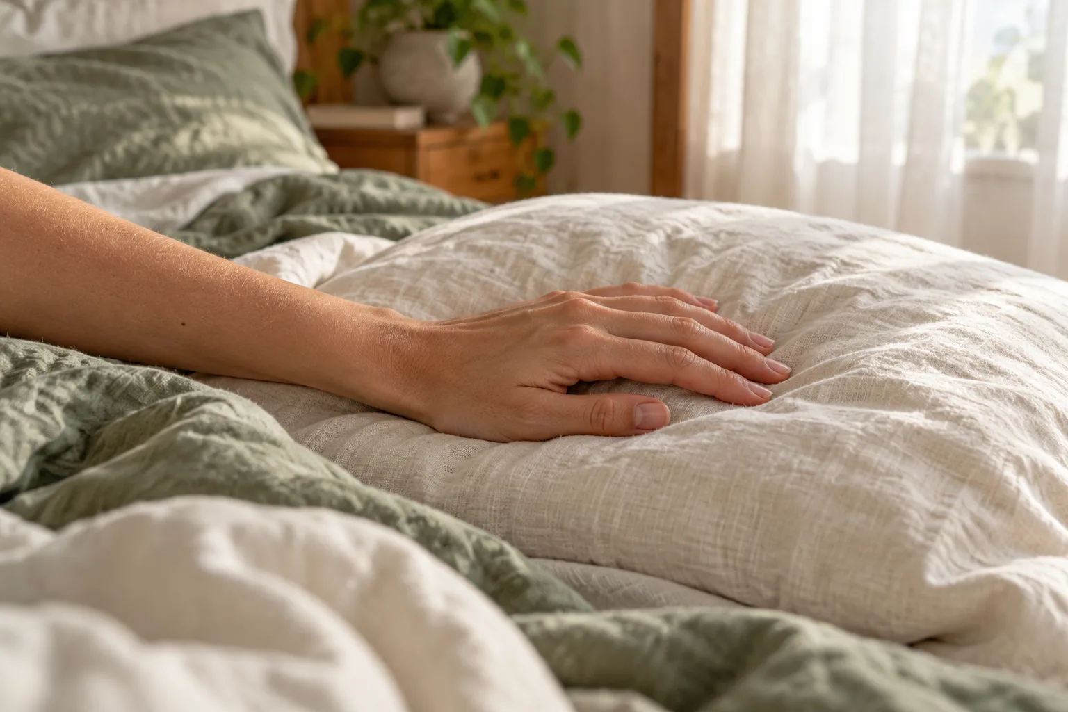 A hand resting on a linen pillow on an unmade bed in soft morning light