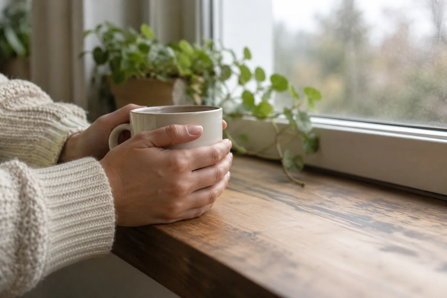 Two hands holding a white ceramic mug on a wooden windowsill beside a small green plant