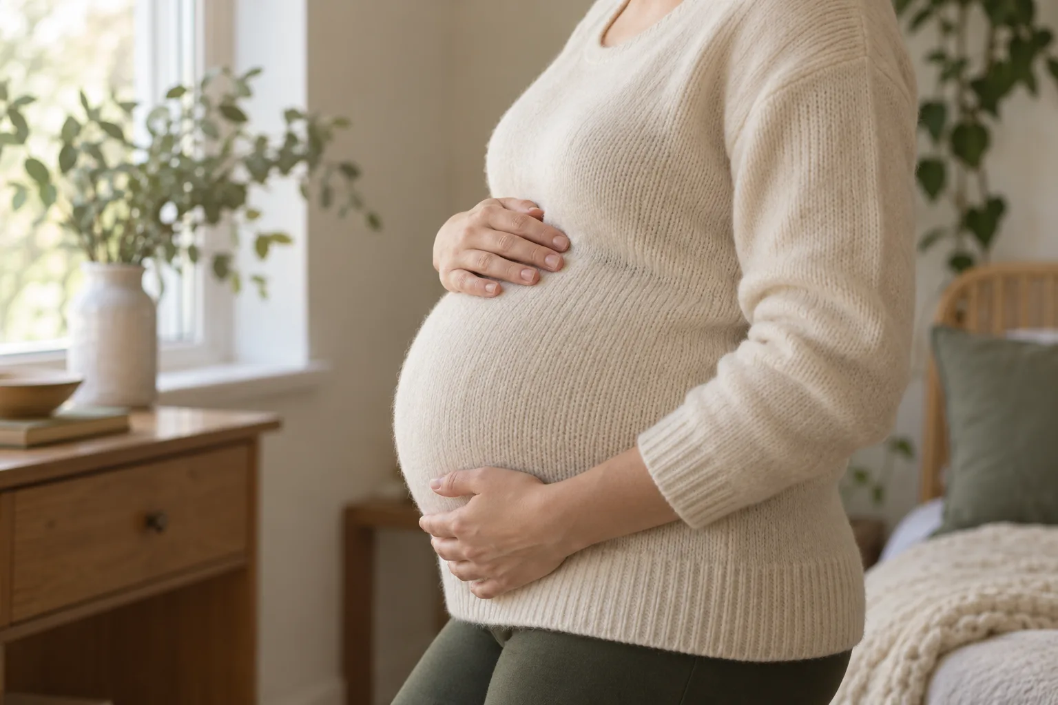 Two hands resting on the belly of a person in a cream knit sweater, seen from the side