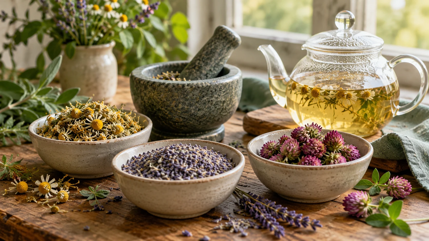 Dried herbs in ceramic bowls with a mortar and pestle and a glass teapot