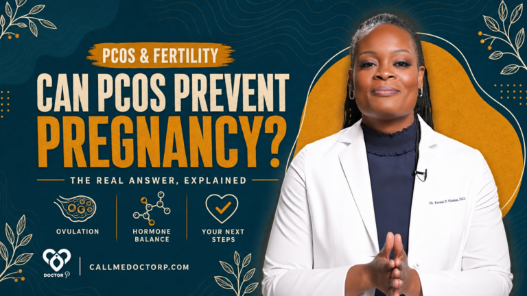 Doctor P standing in her white coat beside the headline Can PCOS Prevent Pregnancy?, cover image for the deep dive explaining how PCOS disrupts ovulation and fertility.