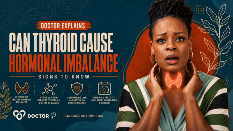 Doctor P holding her neck with a glowing thyroid gland icon overlaid, cover image for the deep dive on whether thyroid dysfunction can cause hormonal imbalance.