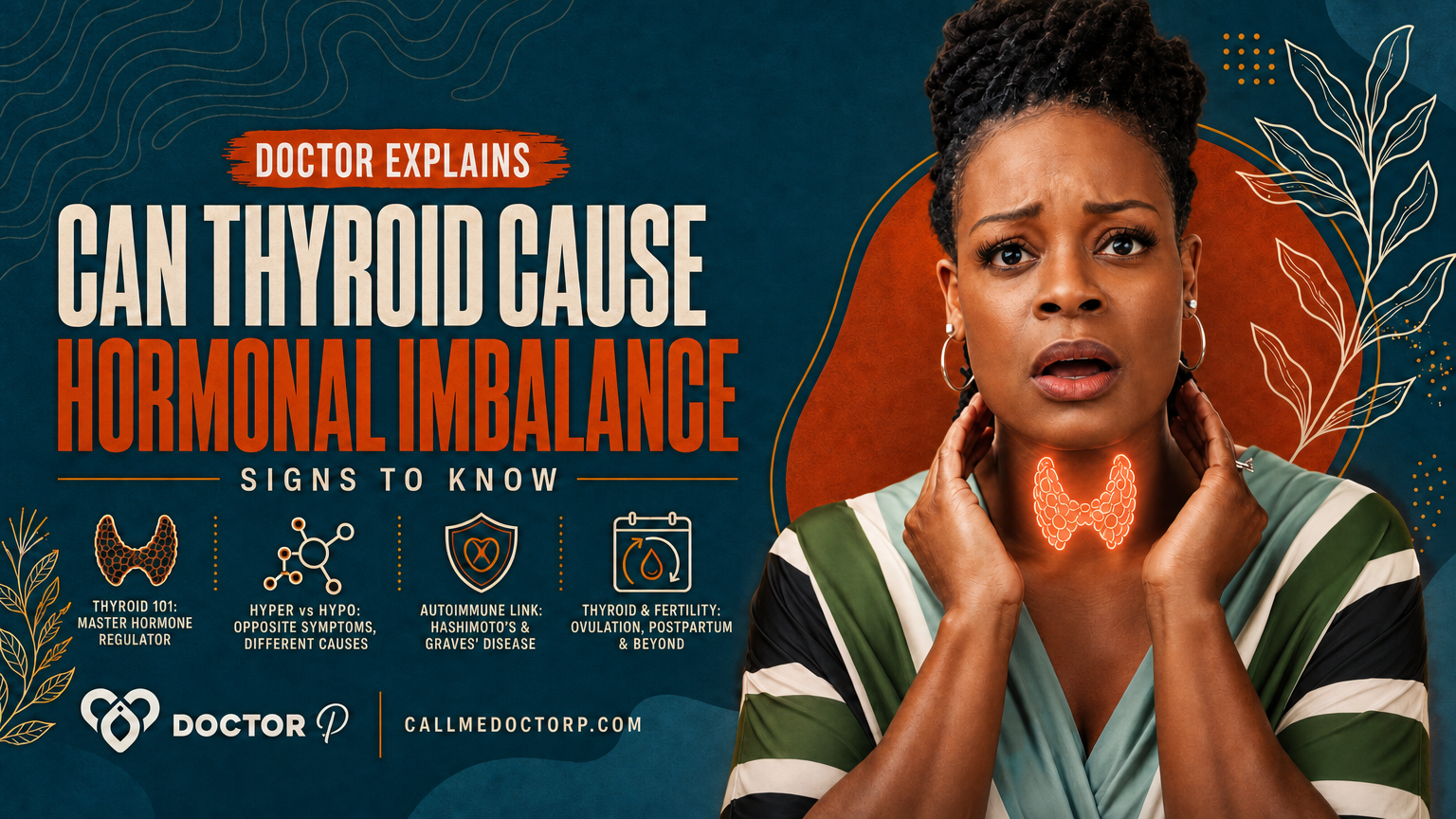 Doctor P holding her neck with a glowing thyroid gland icon overlaid, cover image for the deep dive on whether thyroid dysfunction can cause hormonal imbalance.
