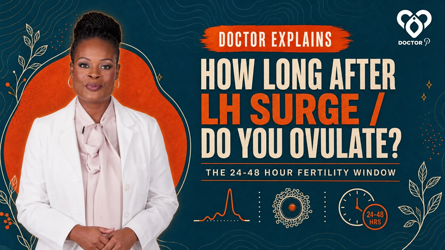 Doctor P in a white coat beside a hormone-surge graphic, cover image for the deep dive on how long after your LH surge you ovulate.