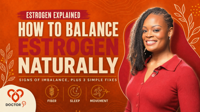 Doctor P smiling in a red top, cover image for the deep dive on how to balance estrogen hormone in females naturally.