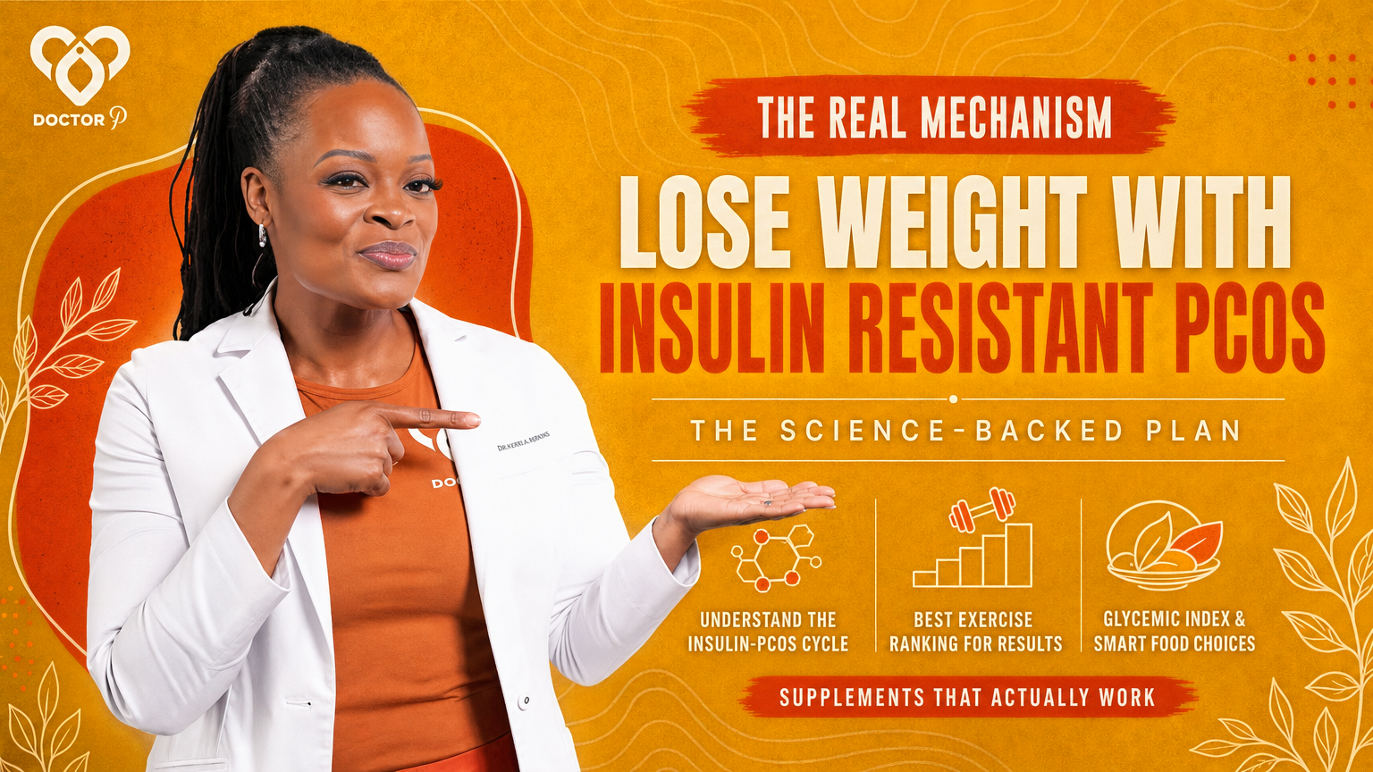 Doctor P pointing toward icons for the insulin-PCOS cycle, exercise ranking, and glycemic index, cover image for the deep dive on how to lose weight with insulin resistant PCOS.