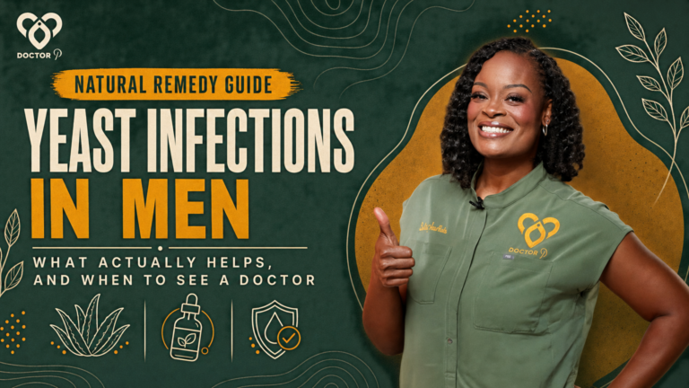 Doctor P giving a thumbs up beside natural-remedy icons, cover image for the deep dive on natural remedies for yeast infections in men.
