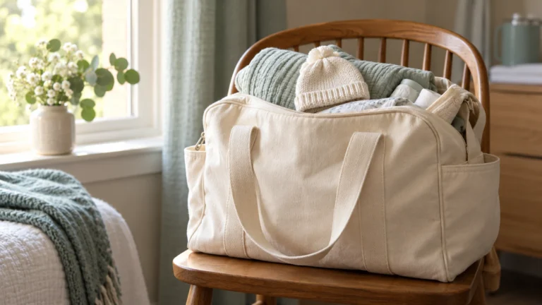 Packed canvas hospital bag with a blanket and tiny knit hat on a chair
