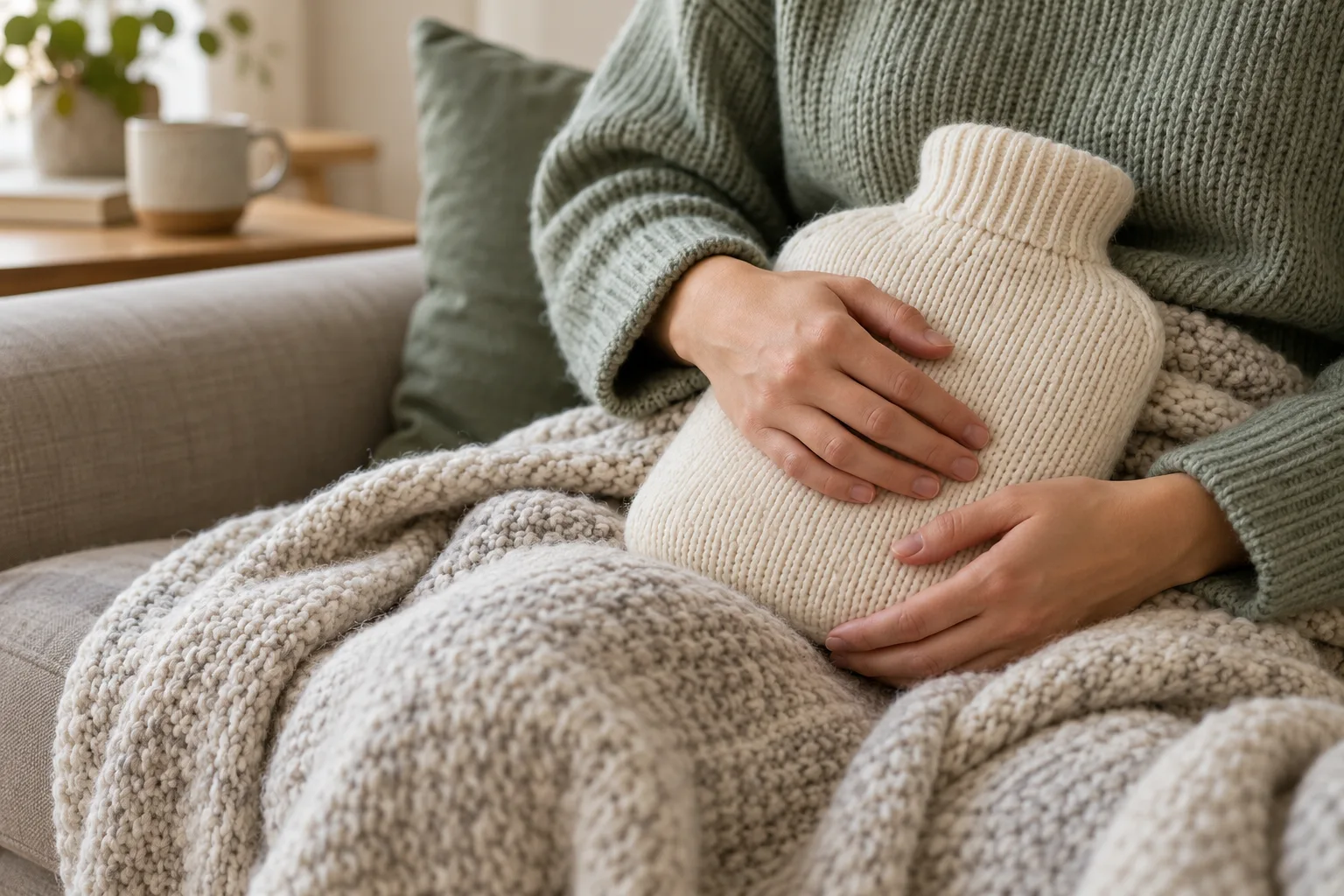 Two hands resting on a knit-covered hot-water bottle on a chunky knit blanket