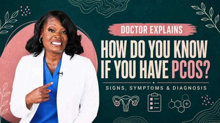 Doctor P pointing to herself beside icons of ovaries, a checklist, and hormone molecules, cover image for the deep dive on the signs and diagnosis of PCOS.
