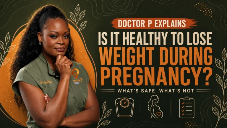Doctor P in scrubs with arms crossed beside icons of a scale, a pregnant silhouette, and a checklist, cover image for the deep dive on whether it's healthy to lose weight during pregnancy.