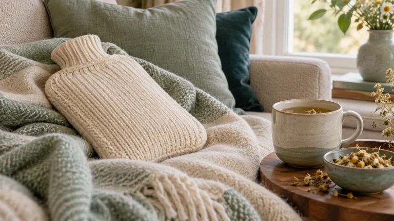 Knitted hot water bottle on a cozy blanket beside a cup of chamomile tea