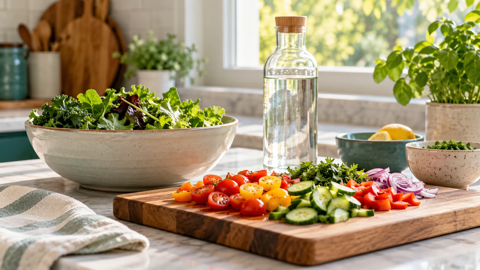 Chopped vegetables, leafy green salad and water bottle on a kitchen counter