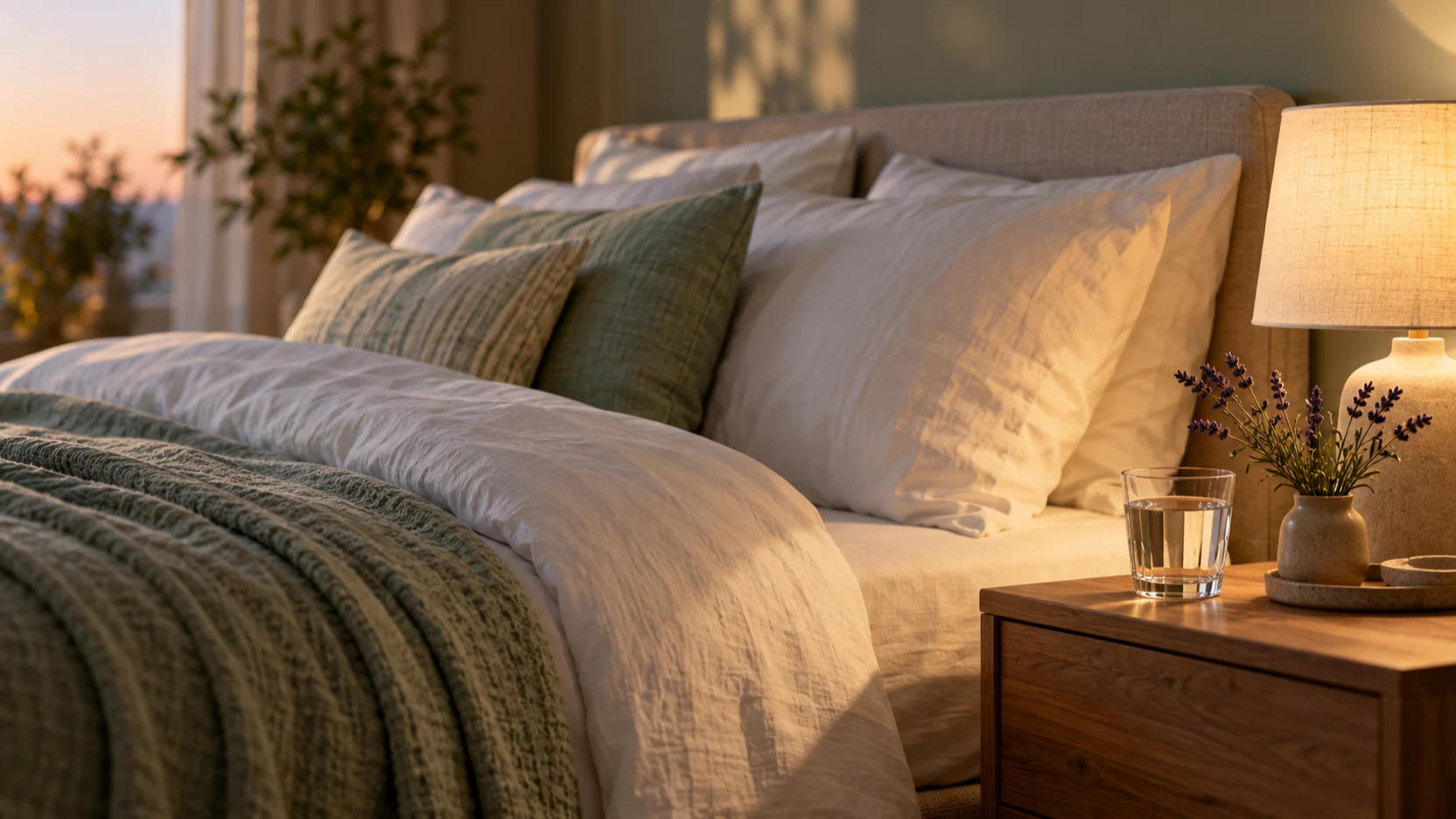 Made bed with white linen, bedside lamp, water glass and lavender at dusk