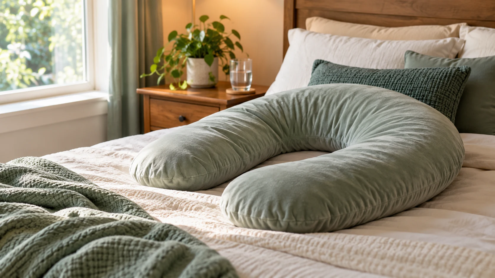 Maternity pillow on a made bed beside a water glass and plant